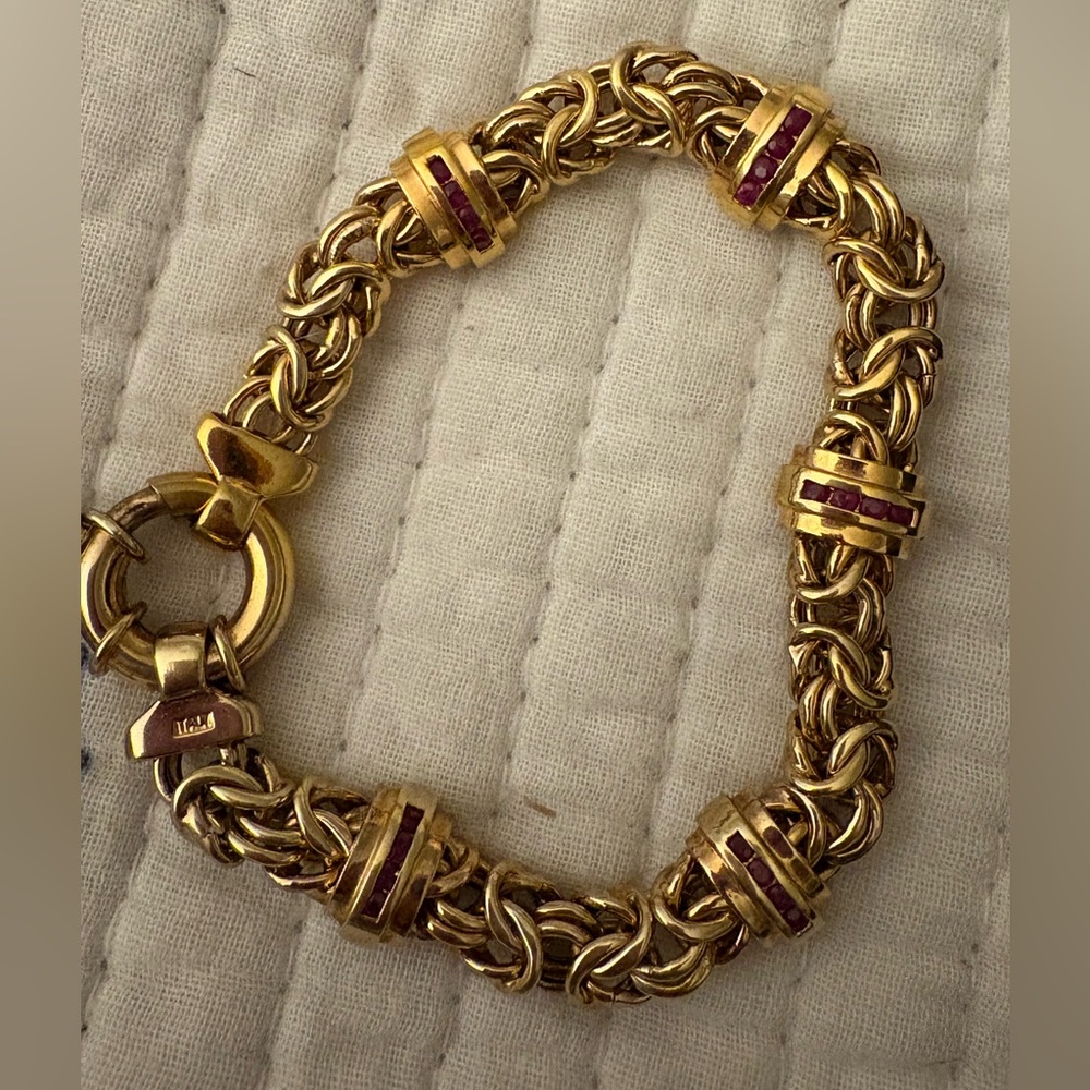 Estate Gold Rope Bracelet with Pink Gem Rondelles